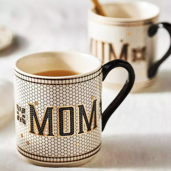 Anthropologie Bistro Tile Mug "MOM" 24K Gold Decaled Glazed Stoneware 14.75 oz - Picture 3 of 3